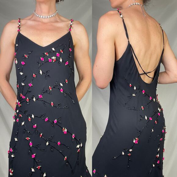 Cache silk rosette beaded slip dress prom gown ruffle formal cocktail floral M - Picture 14 of 16